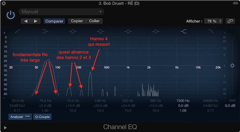 Equaliseur montrant le spectre de mon didgeridoo en ré